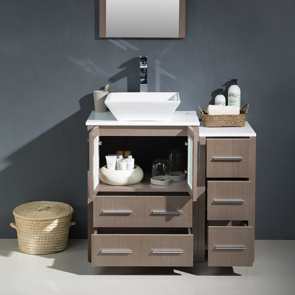 Fresca FVN62-2412GO-VSL Fresca Torino 36" Gray Oak Modern Bathroom Vanity w/ Side Cabinet & Vessel Sink