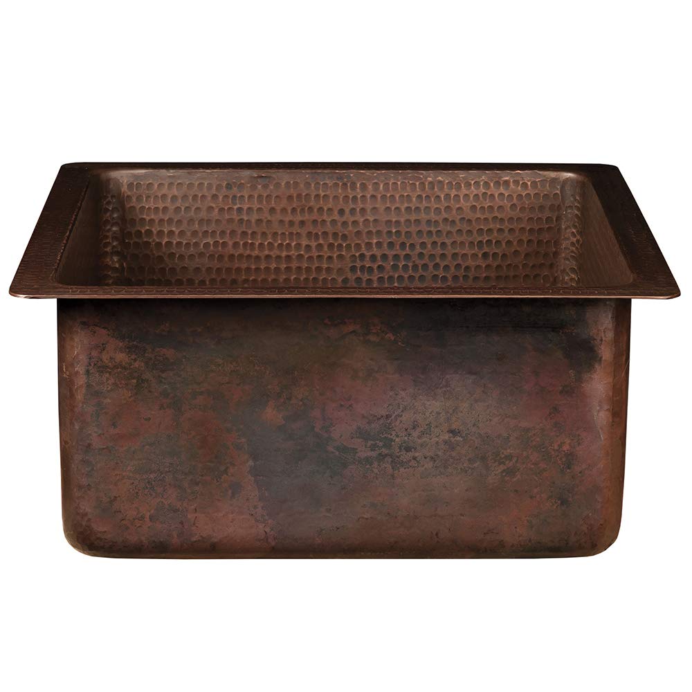 Premier Copper Products BS16DB3 16-Inch Square Hammered Copper Bar/Prep Sink with 3.5-Inch Drain Opening