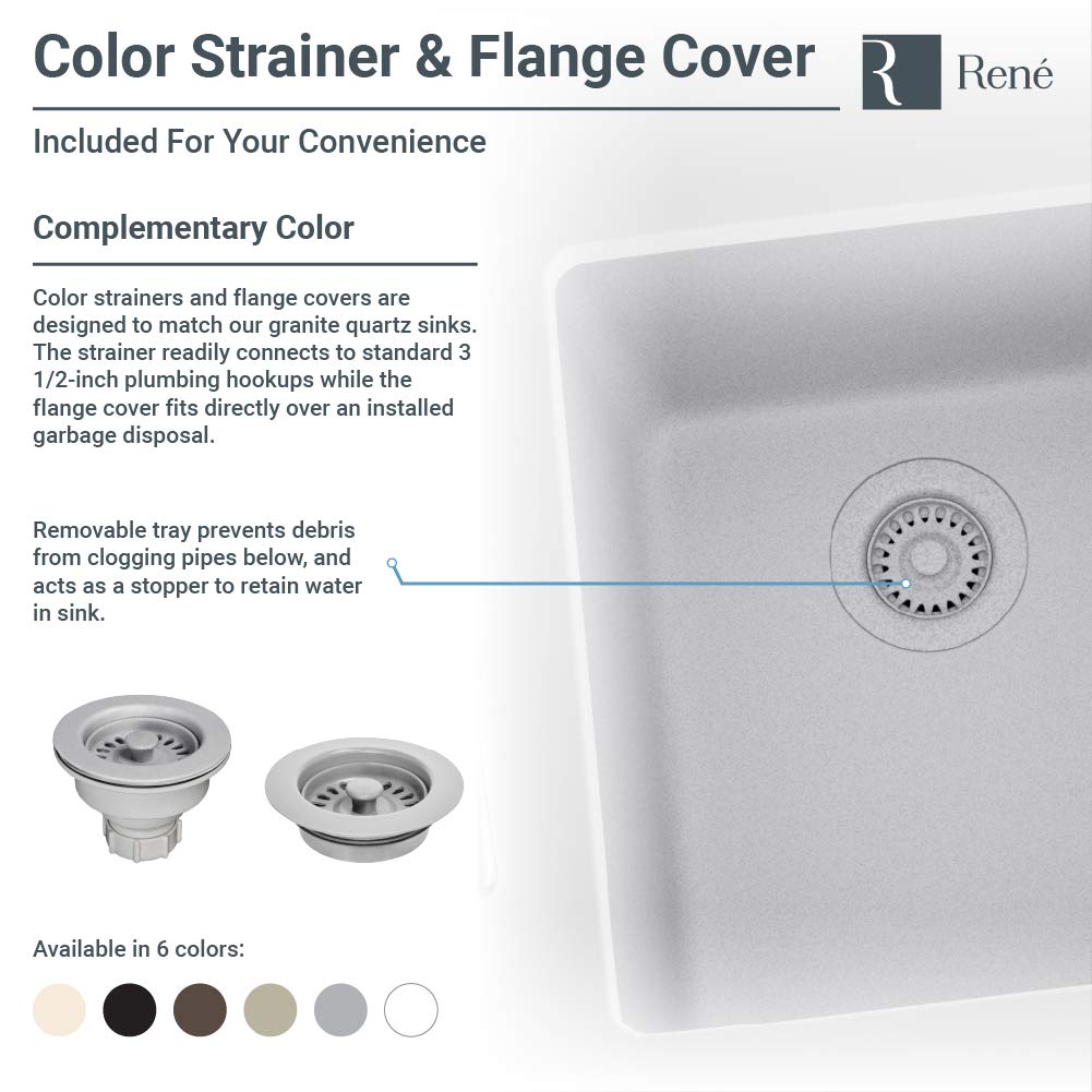 R3-1002-IVR-ST-CGF Ivory Equal Double Bowl Quartz Kitchen Sink with Two Grids and Matching Colored Strainer and Flange