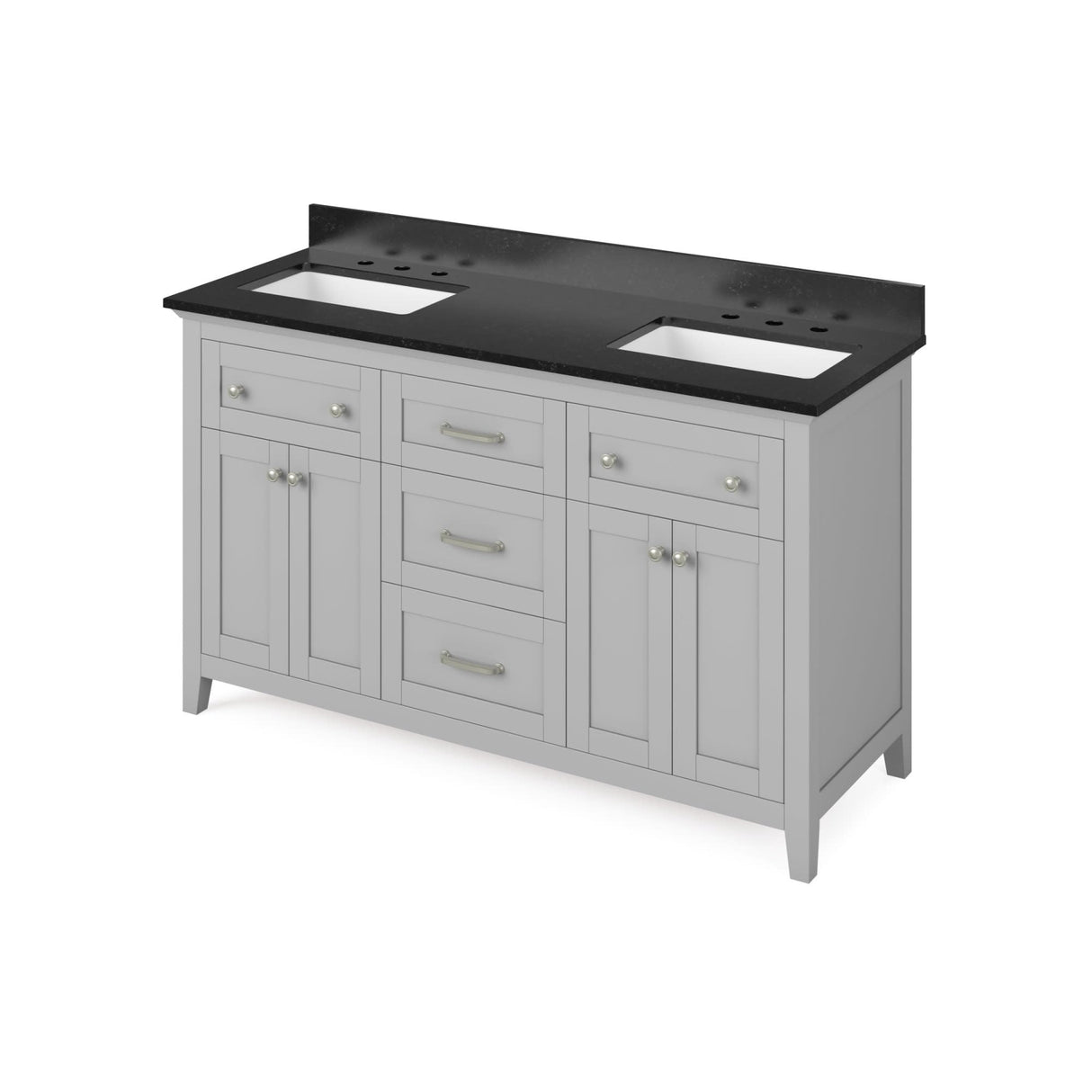 Jeffrey Alexander VKITCHA60GRBGR 60" Grey Chatham Vanity, double bowl, Black Granite Vanity Top, two undermount rectangle bowls