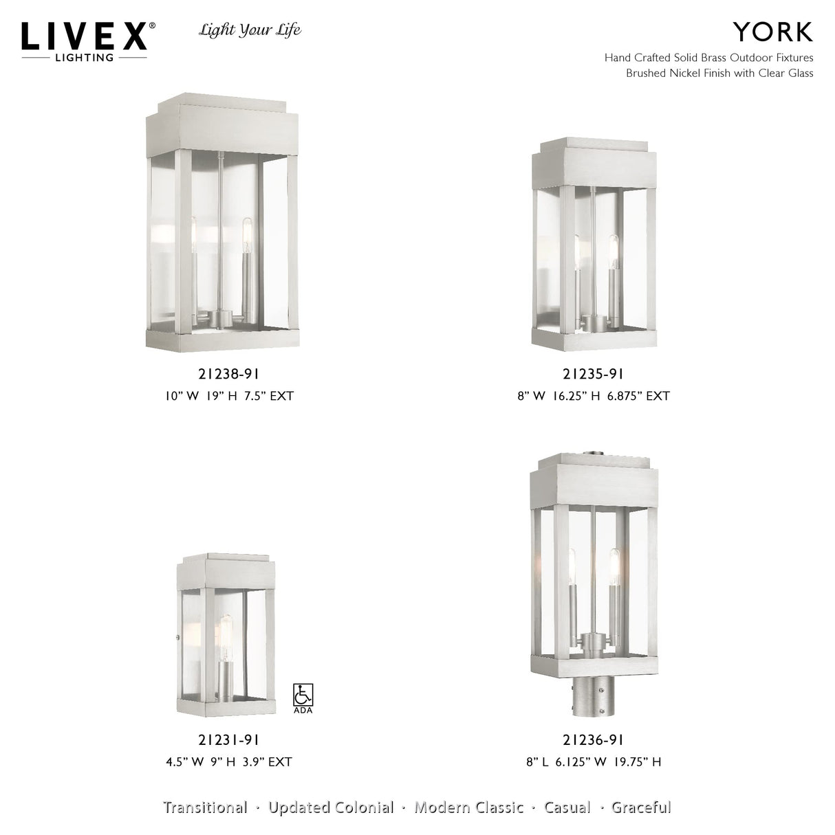 Livex Lighting 21231-91 York 1 Light Outdoor ADA Wall Lantern, Brushed Nickel with Brushed Nickel Stainless Steel Reflector