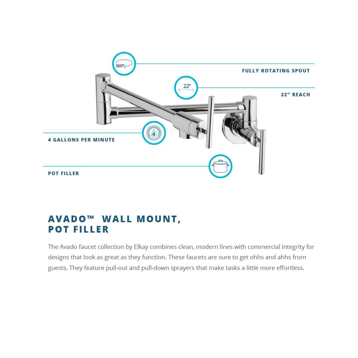 Elkay LKAV4091CR Avado Wall Mount Single Hole Pot Filler Kitchen Faucet with Lever Handles, Chrome