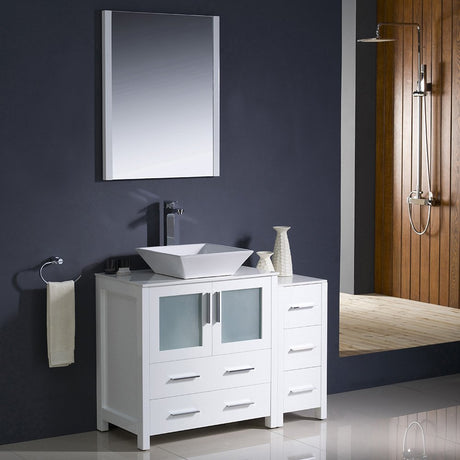 Fresca FVN62-3012WH-VSL Fresca Torino 42" White Modern Bathroom Vanity w/ Side Cabinet & Vessel Sink