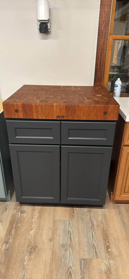 30” Cherry John Boos Butcher Block and 30” Navy Base Cabinet with Drawers