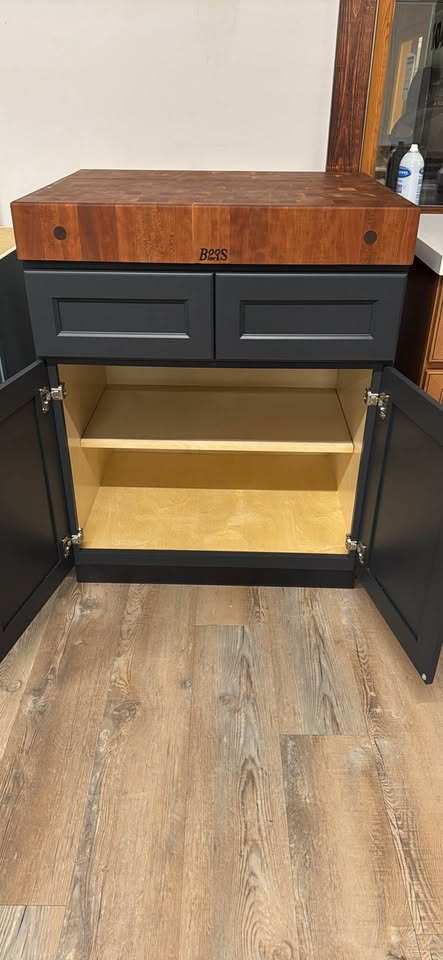 30” Cherry John Boos Butcher Block and 30” Navy Base Cabinet with Drawers
