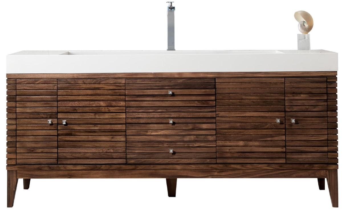 Linear 72" Single Vanity, Mid-Century Walnut w/ Glossy White Composite Stone Top