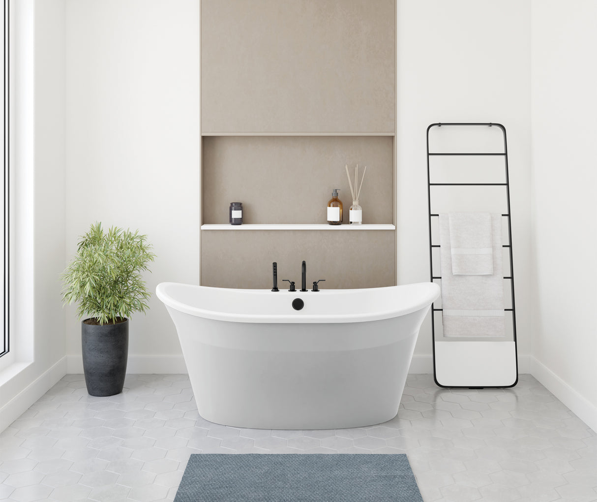 MAAX 106150-000-002-128 Orchestra 6032 AcrylX Freestanding Center Drain Bathtub in White with Sterling Silver Skirt