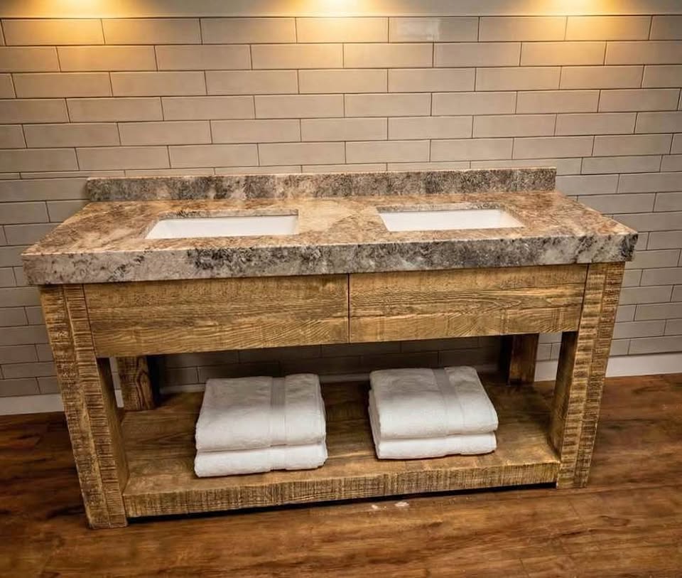 60” Pottery Barn Vanity with Mitered edge top