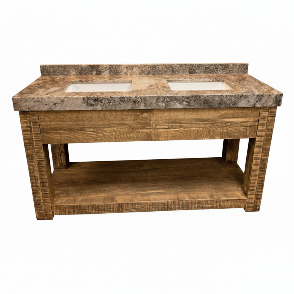61" Heirloom Solid Wood Pottery Barn Rockport Sierra Double Vanity with Custom Local Natural Stone Top