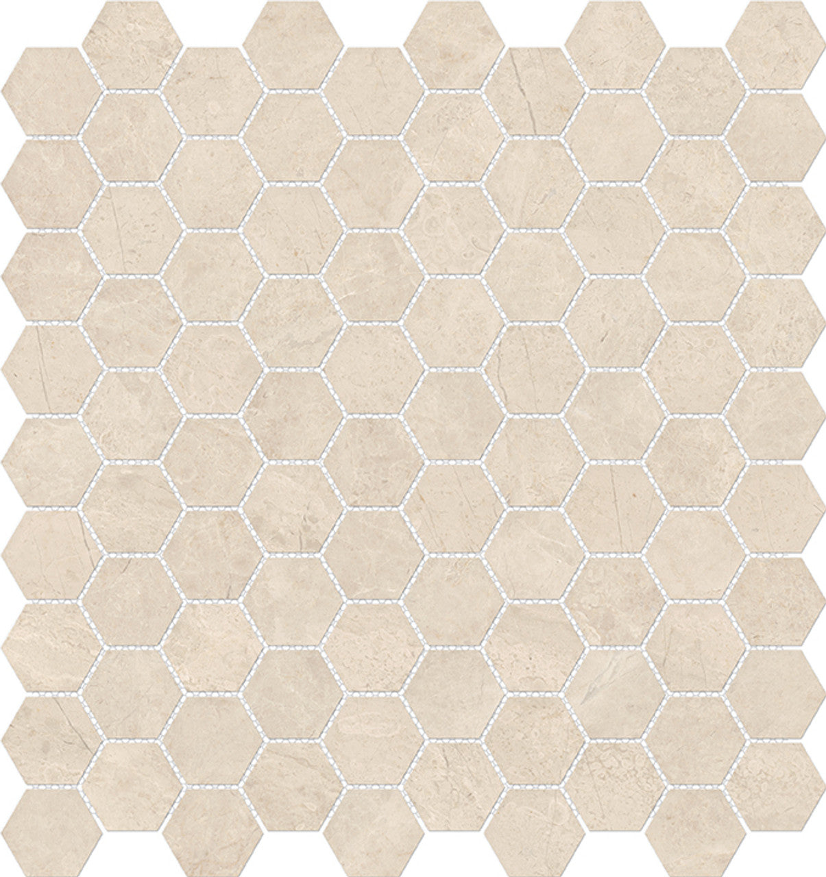 Anatolia Tile 1.25 Inch Mayfair Allure Ivory Polished Porcelain Hexagon Mosaics. 1 Sheet = .97 Sq. Ft. 4501-0145-1 Allure Ivory 1.25" Hexagon - premium natural stone mosaic tile from Anatolia Tile, available at PoshHaus showroom in Keene, NH