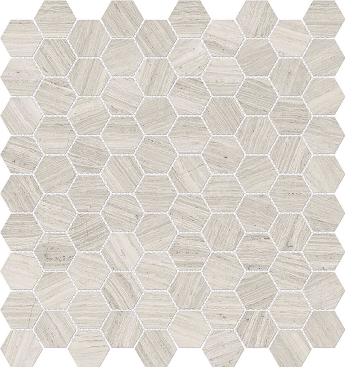 Anatolia Tile 1.25 Inch Mayfair Strada Ash Polished Porcelain Hexagon Mosaics. 1 Sheet = .97 Sq. Ft. 4501-0149-1 Strada Ash 1.25" Hexagon - premium natural stone mosaic tile from Anatolia Tile, available at PoshHaus showroom in Keene, NH