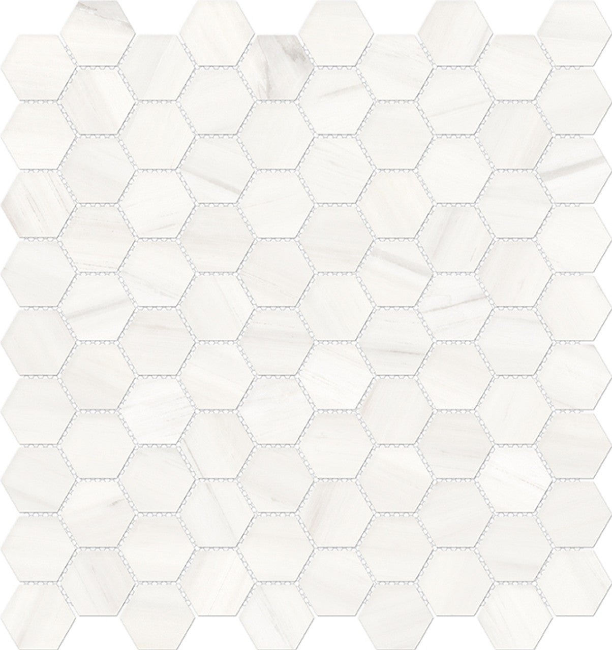 Anatolia Tile 1.25 Inch Mayfair Suave Bianco Polished Porcelain Hexagon Mosaics. 1 Sheet = .97 Sq. Ft. 4501-0150-1 Suave Bianco 1.25" Hexagon - premium natural stone mosaic tile from Anatolia Tile, available at PoshHaus showroom in Keene, NH