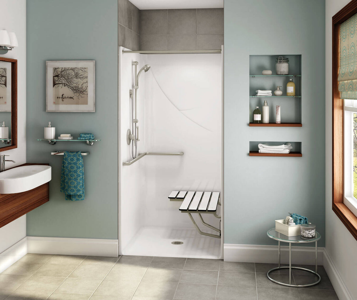 MAAX 106069-000-002-123 OPS-3636-RS - Complete Accessibility Package AcrylX Alcove Center Drain One-Piece Shower in White