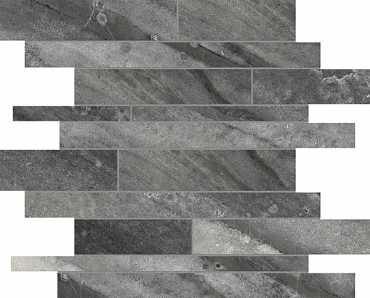 Anatolia Tile Evolution Carbon Random Strip Matte Porcelain Mosaics. 1 Sheet = .96 Sq. Ft. 4501-0097-0 (69-203) Carbon Random Strip - premium natural stone mosaic tile from Anatolia Tile, available at PoshHaus showroom in Keene, NH