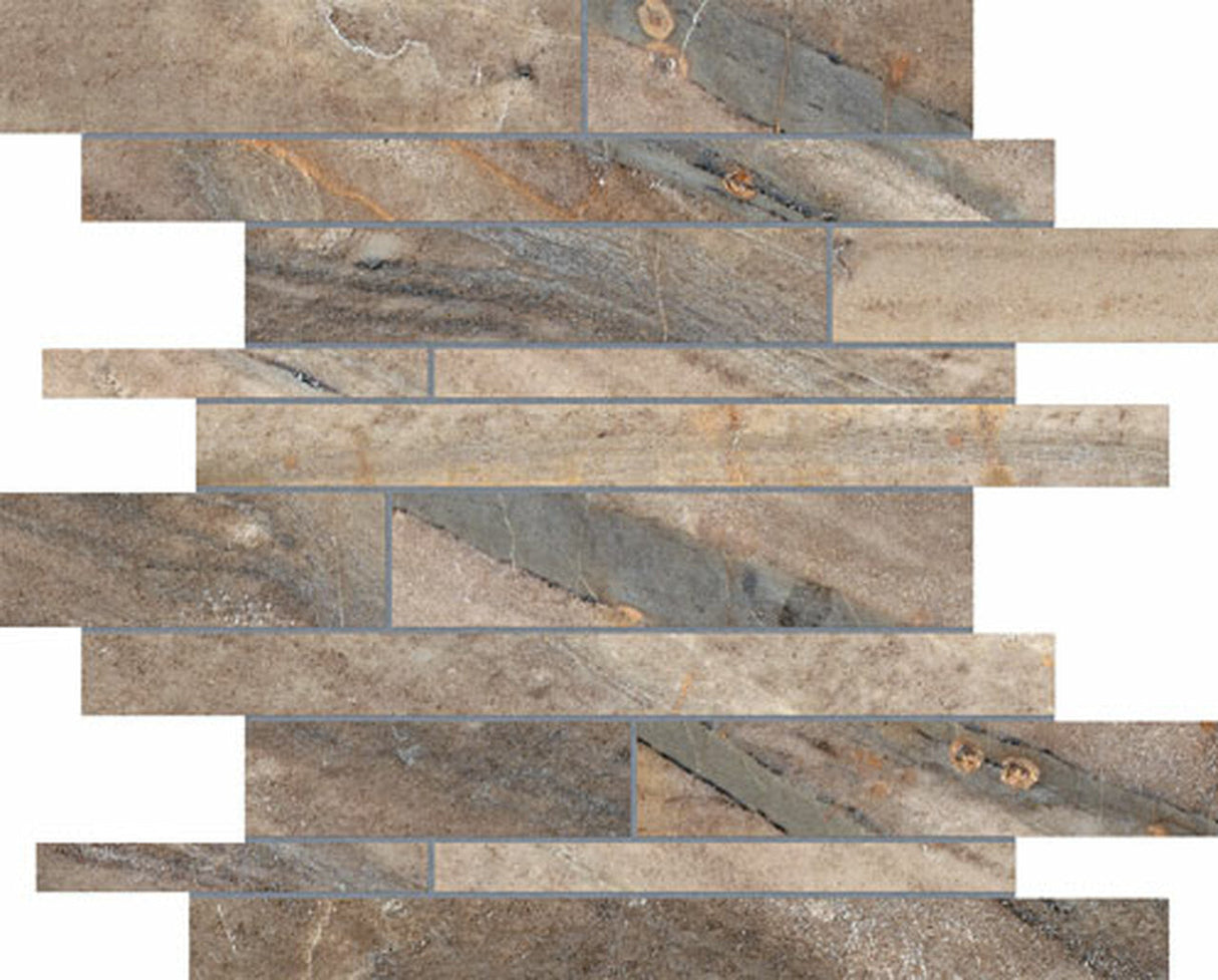 Anatolia Tile Evolution Earth Random Strip Matte Porcelain Mosaics. 1 Sheet = .96 Sq. Ft. 4501-0098-0 (69-204) Earth Random Strip - premium natural stone mosaic tile from Anatolia Tile, available at PoshHaus showroom in Keene, NH