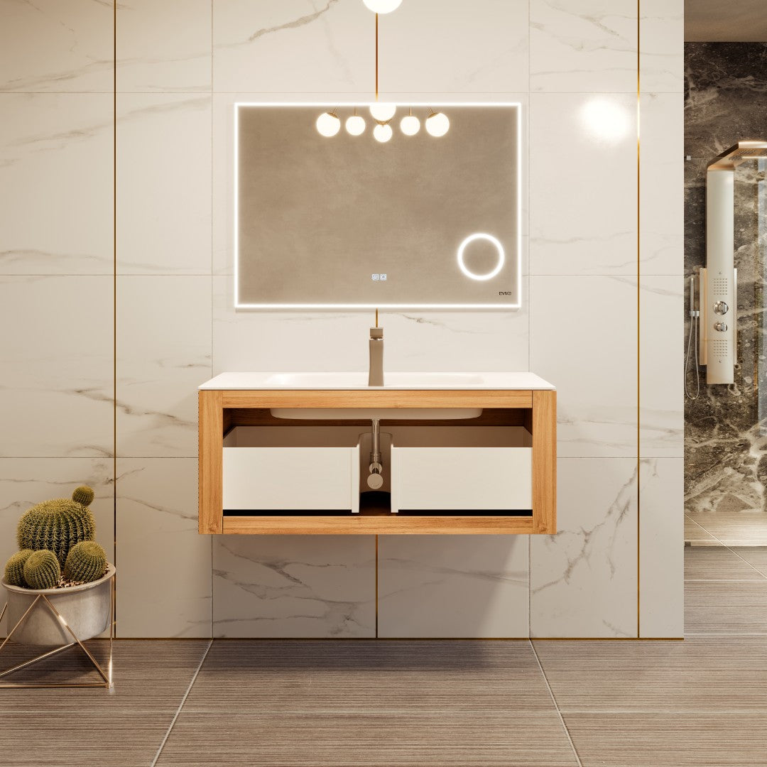 Leah 32 in. Medium Oak Wall Mount Single Sink Bath Vanity with Solid Surface Top and Integrated Sink