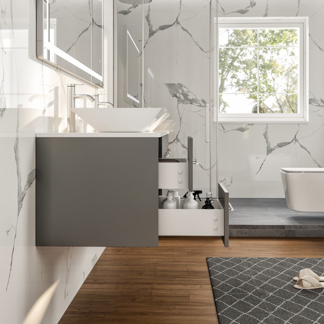 Wave 72 in. Gray Wall Mount Double Sink Bath Vanity with White Quartz Top and Vessel Porcelain Sinks