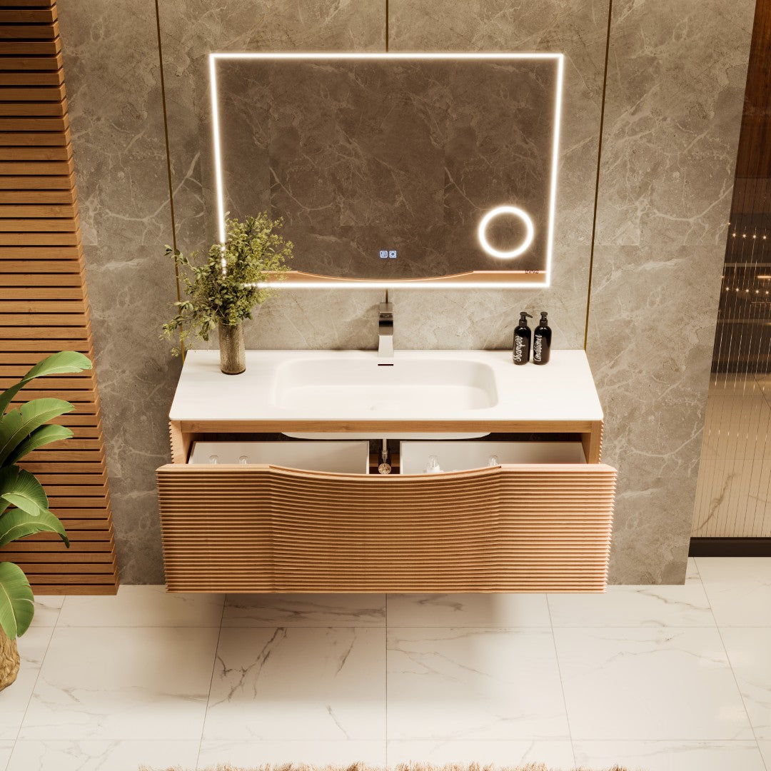 Leah 39 in. Medium Oak Wall Mount Single Sink Bath Vanity with Solid Surface Top and Integrated Sink