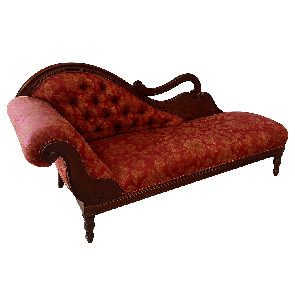 Victorian Tufted Fainting Couch – Carved Wood & Red Damask