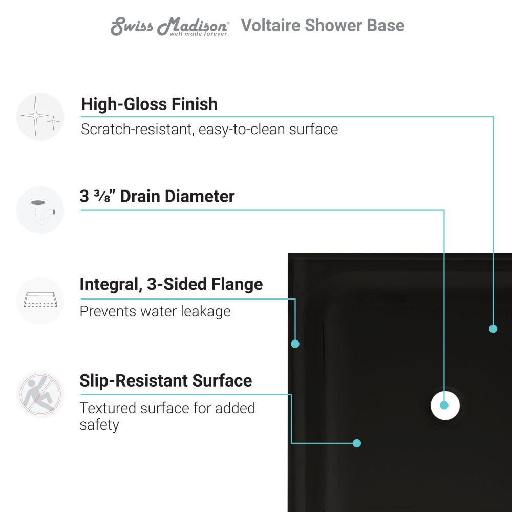 Voltaire 36 x 36 Acrylic Black, Single-Threshold, Center Drain, Shower Base