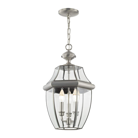 Livex Lighting 2355-91 Monterey 3 Light Outdoor Brushed Nickel Finish Solid Brass Hanging Lantern with Clear Beveled Glass