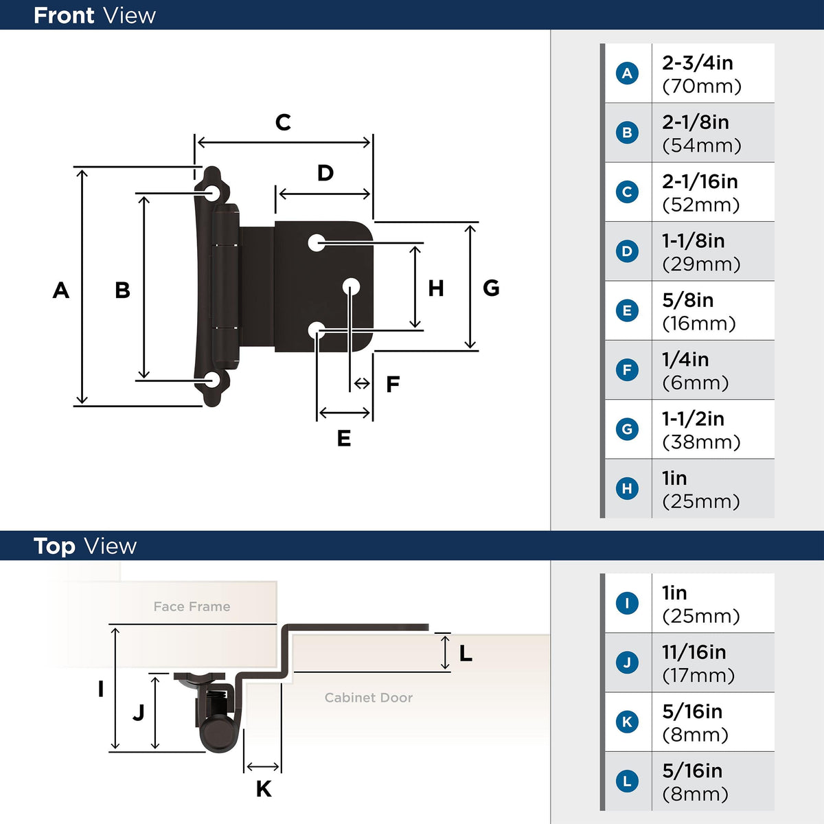 Amerock Cabinet Hinge 3/8 inch (10 mm) Inset Hinge Oil Rubbed Bronze 2 Pack Self-Closing Hinge Face Mount Hinge Cabinet Door Hinge