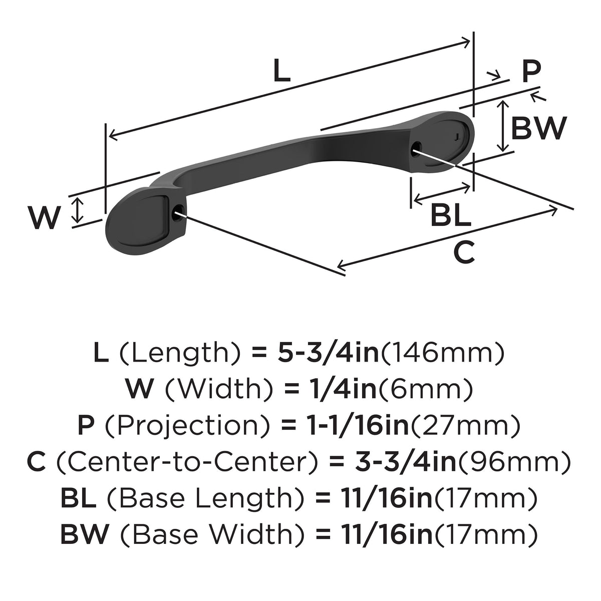 Amerock BP21936FB Matte Black Cabinet Pull 3-3/4 inch (96mm) Center-to-Center Cabinet Hardware Ravino Furniture Hardware Drawer Pull