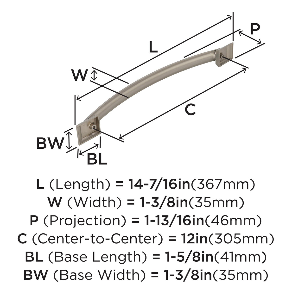 Amerock Appliance Pull Satin Nickel 12 inch (305 mm) Center to Center Candler 1 Pack Drawer Pull Drawer Handle Cabinet Hardware