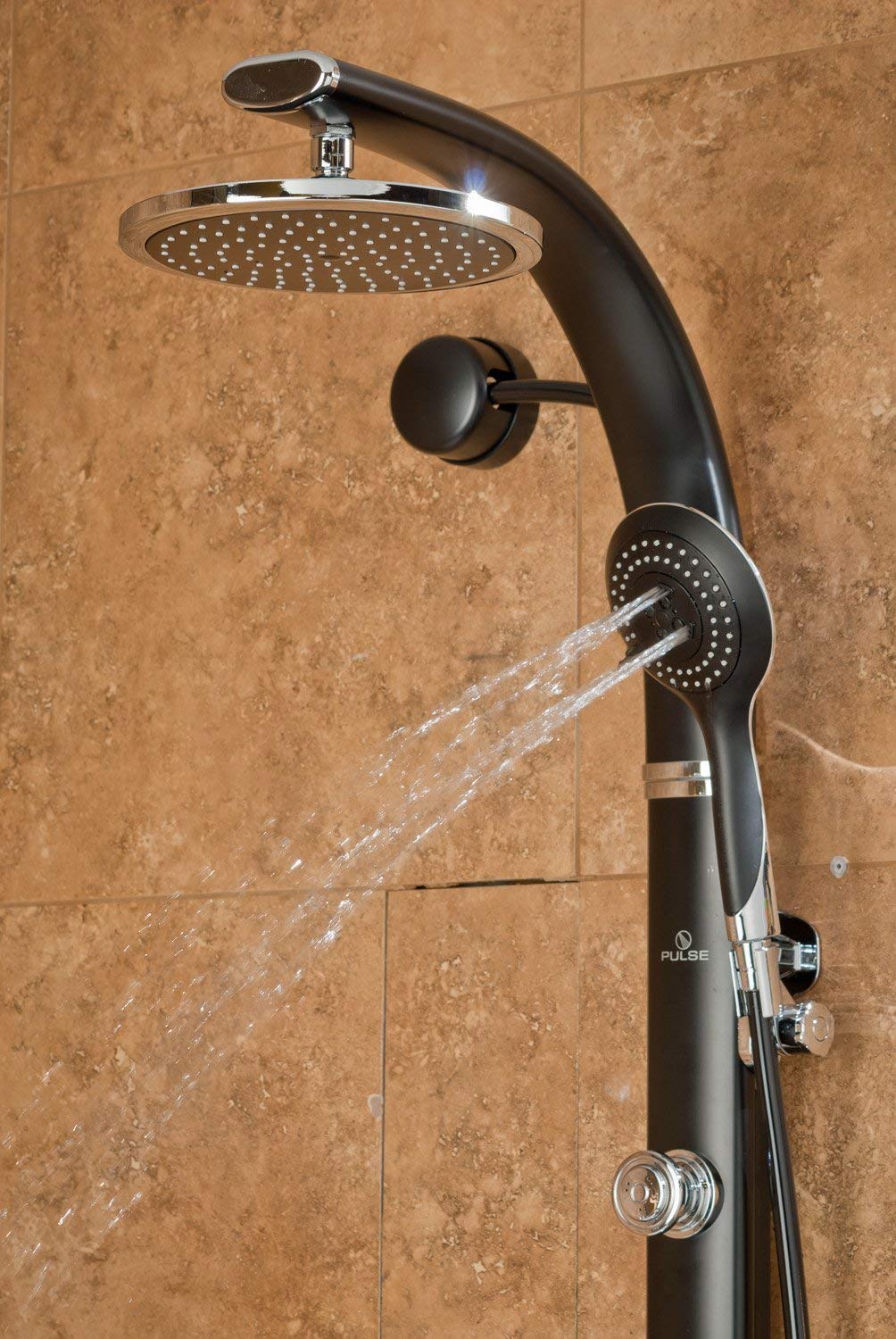 PULSE ShowerSpas 1017-B Bonzai Shower System with 8" Rain Showerhead, 3 Pulsating Body Spray Jets, 5-Function Hand Shower and Integral Shelf, Black Anodized Aluminum Body with Chrome Fixtures