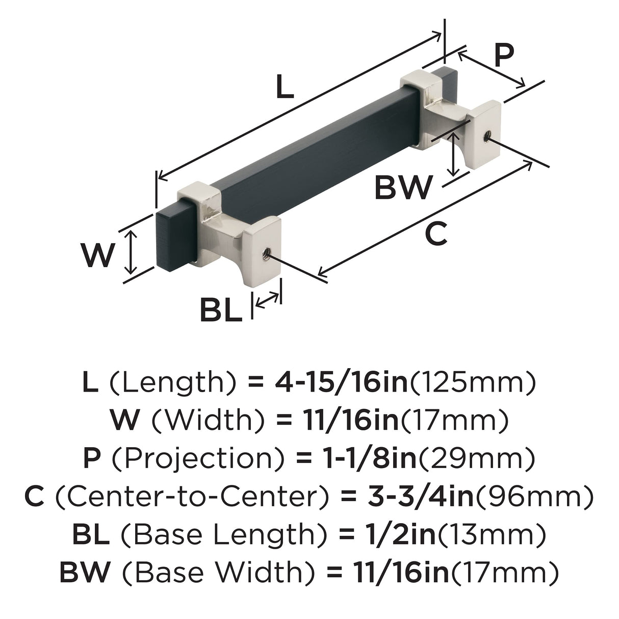 Amerock Cabinet Pull Brushed Matte Black/Satin Nickel 3-3/4 inch (96 mm) Center to Center Overton 1 Pack Drawer Pull Drawer Handle Cabinet Hardware