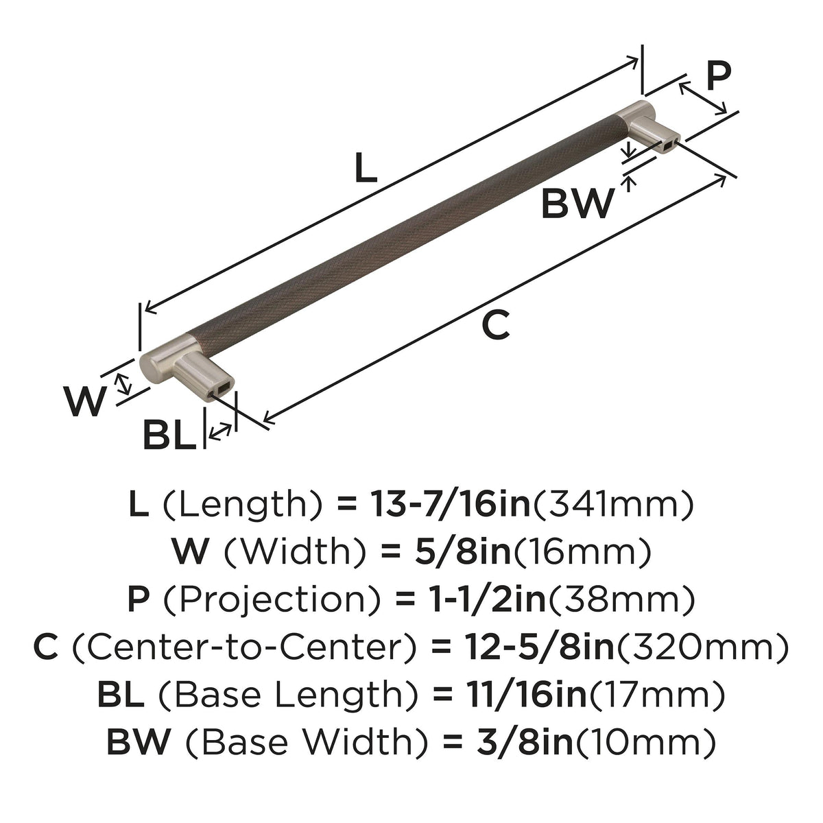Amerock Cabinet Pull Satin Nickel/Oil-Rubbed Bronze 12-5/8 inch (320 mm) Center to Center Esquire 1 Pack Drawer Pull Drawer Handle Cabinet Hardware