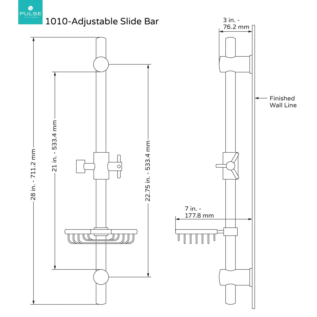 PULSE ShowerSpas 1010-MB Matte Black Adjustable Slide Bar Shower Panel Accessory