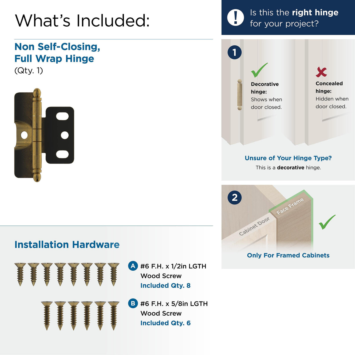 Amerock Cabinet Hinge Full Wrap Hinge Antique Brass 1 Pack Non Self-Closing Hinge |3/4 inch (19 mm) Door Thickness Cabinet Door Hinge