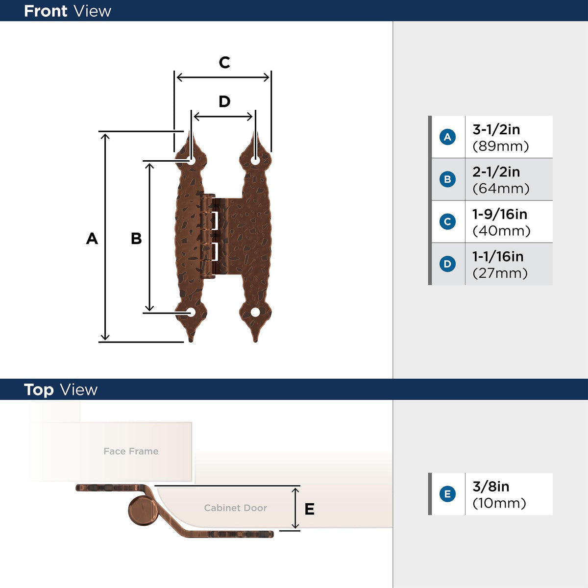 Amerock Cabinet Hinge 3/8 inch (10 mm) Offset Hinge Antique Copper 2 Pack Non Self-Closing Hinge H-Type Hinge Cabinet Door Hinge
