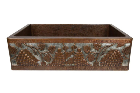 Premier Copper Products 33-inch Copper Kitchen Apron Single Basin Sink with Vineyard and Apron Front Nickel Background