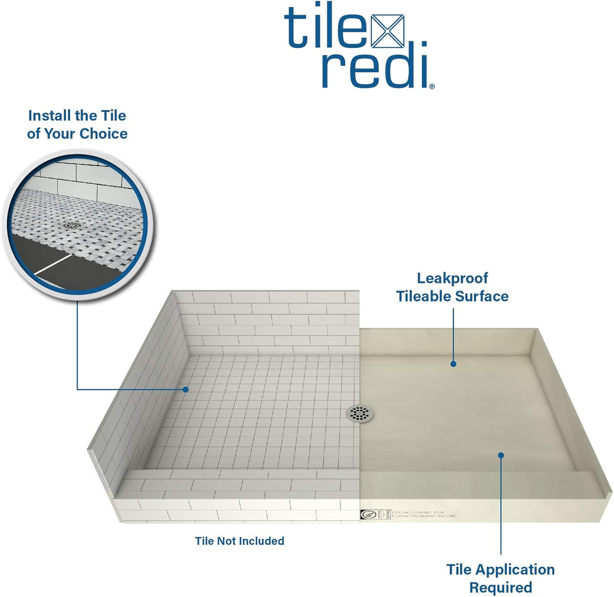 Tile Redi 4837C-PVC Base Shower Pan, Single Curb 37" W x 48" D, Black