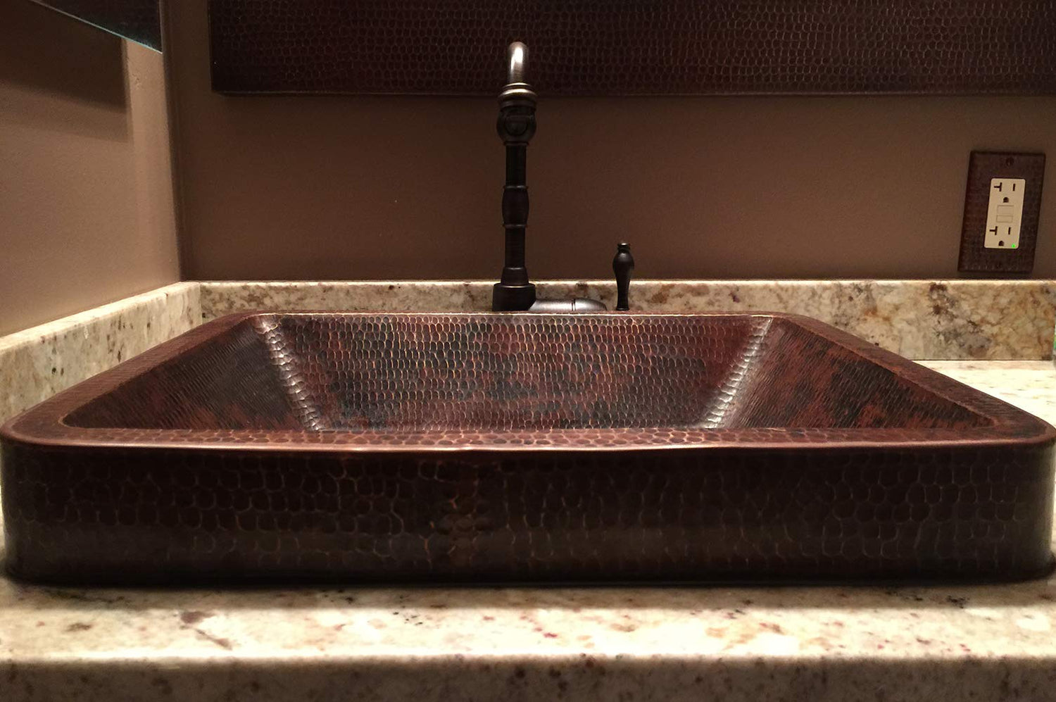 Premier Copper Products VREC19SKDB Rectangle Skirted Vessel Hammered Copper Sink, Oil Rubbed Bronze