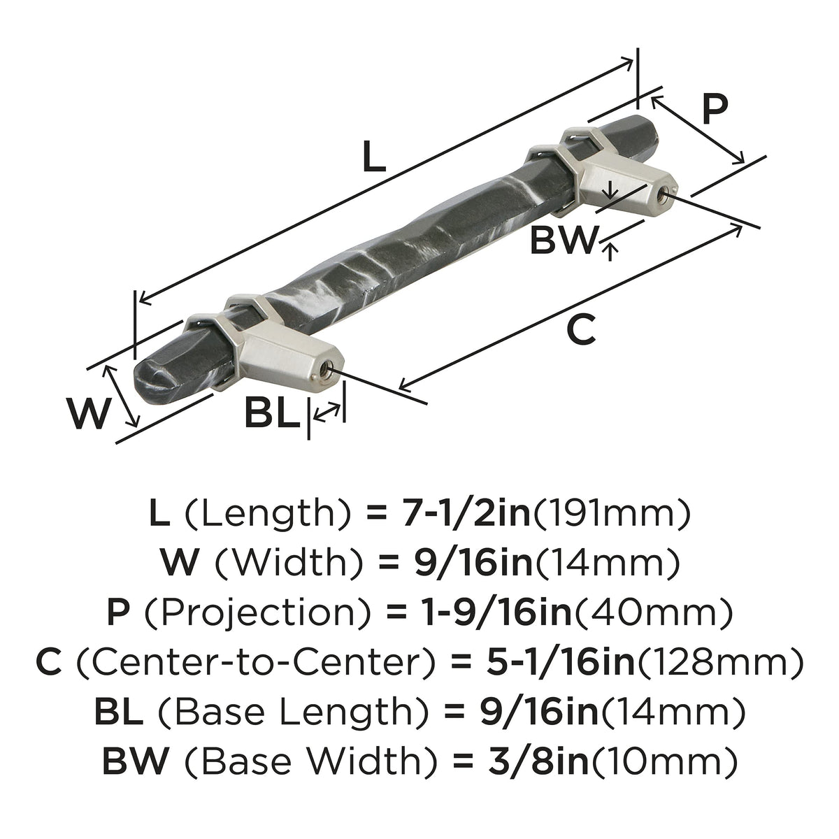 Amerock Cabinet Pull Marble Black/Satin Nickel 5-1/16 inch (128 mm) Center-to-Center Carrione 1 Pack Drawer Pull Drawer Handle Cabinet Hardware
