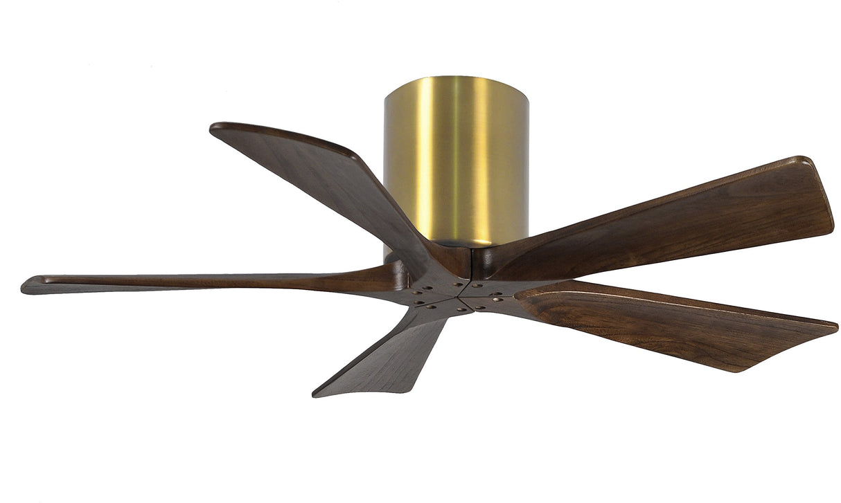 Matthews Fan IR5H-BRBR-WA-42 Irene-5H five-blade flush mount paddle fan in Brushed Brass finish with 42” solid walnut tone blades. 