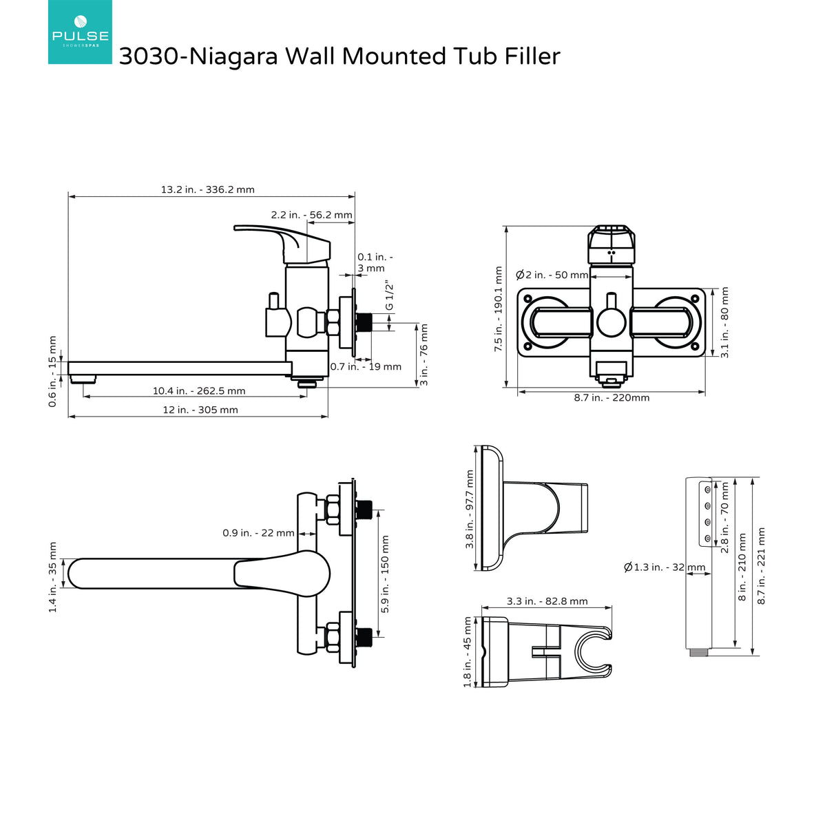 PULSE ShowerSpas 3030-WMTF-BN Wall Mounted Tub Filler in Brushed-Nickel