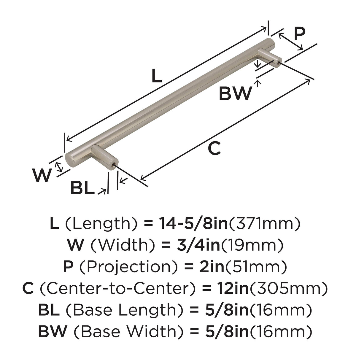 Amerock Appliance Pull Polished Nickel 12 inch (305 mm) Center to Center Bar Pulls 1 Pack Drawer Pull Drawer Handle Cabinet Hardware
