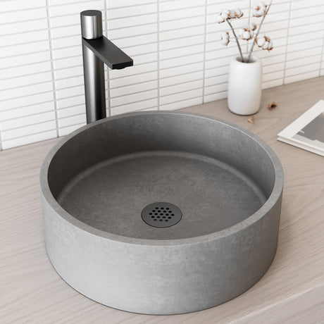 VIGO Concreto Stone 15.375 inch Diameter Over the Counter Freestanding Matte Stone Round Vessel Bathroom Sink in Gray - Sink for Bathroom VG04061
