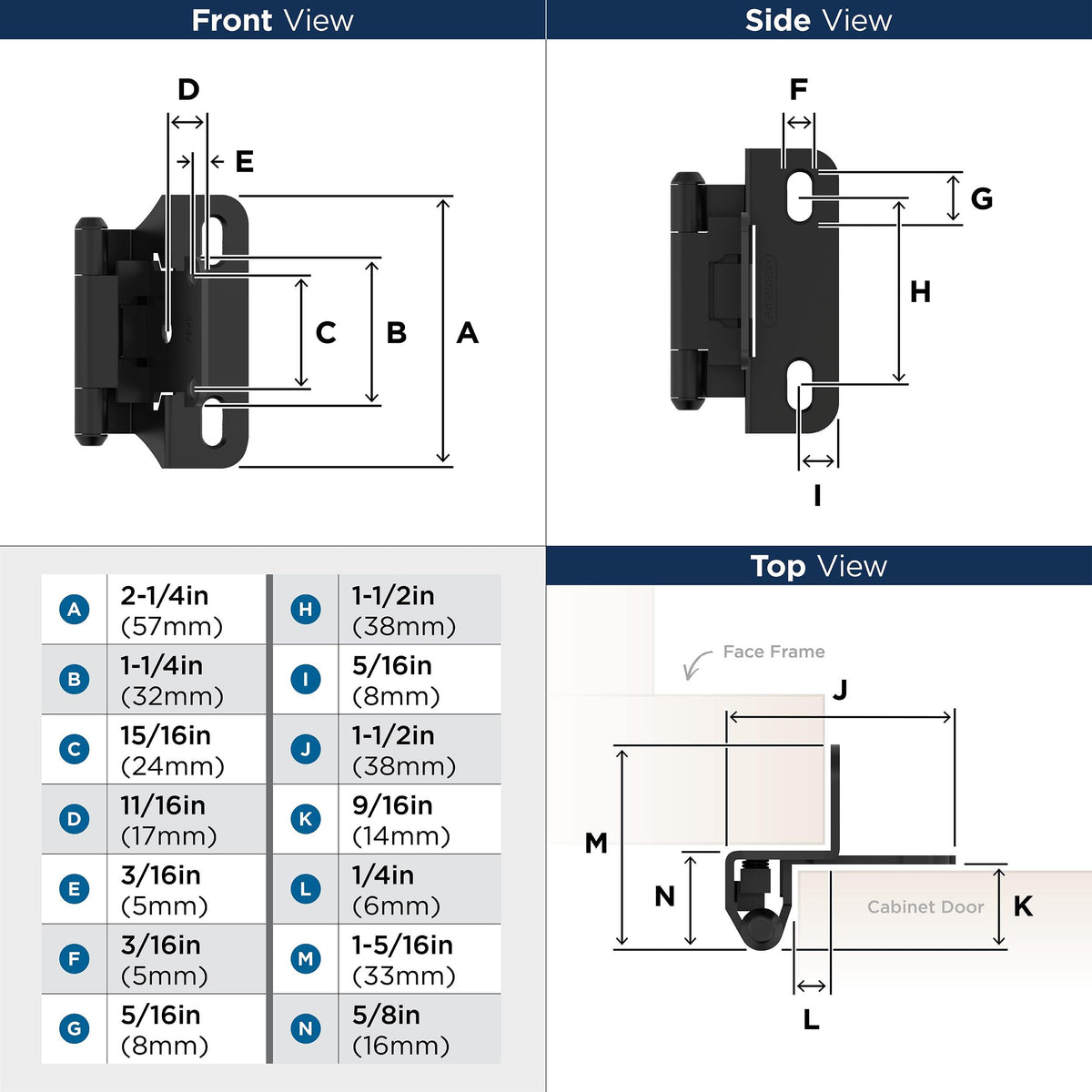 Amerock BPR7566FB Cabinet Hinge 1/4 in (6 mm) Overlay Self Closing Partial Wrap Matte Black Kitchen Cabinet Door Hinge 1 Pair/2 Pack Functional Hardware