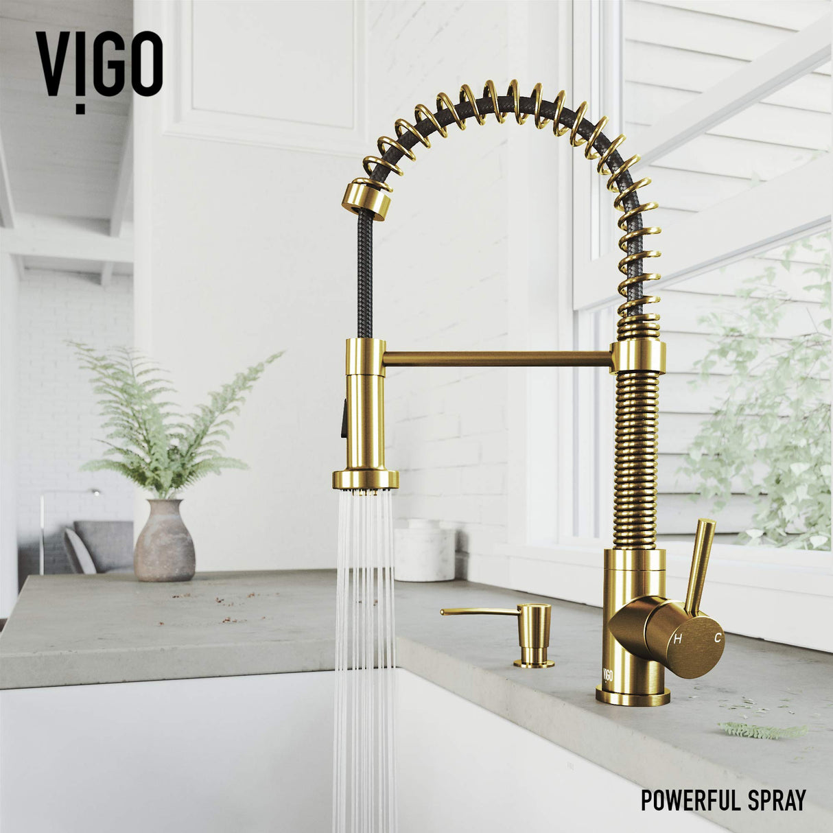 VIGO VG02001MGK2 19" H Edison Single-Handle with Pull-Down Sprayer Kitchen Faucet with Soap Dispenser in Matte Gold