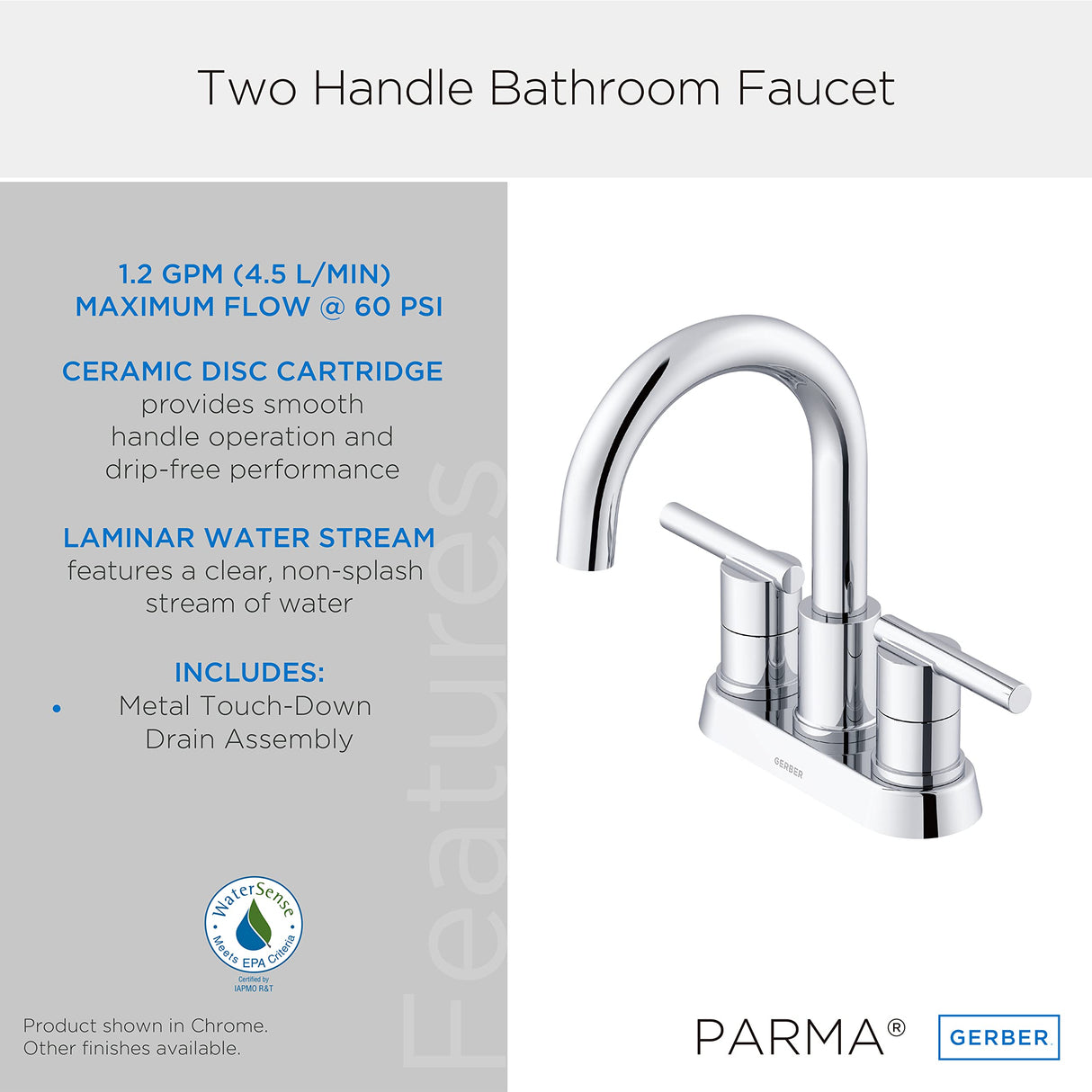 Gerber D307058 Parma Two Handle Centerset Bathroom Faucet With Metal Touch DOWN...