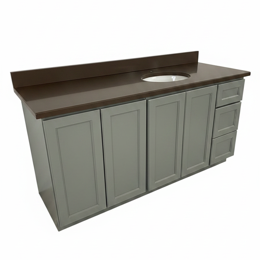 63" Custom Shaker Bathroom Vanity in Cream White with Polished Quartz Top & Integrated Sink