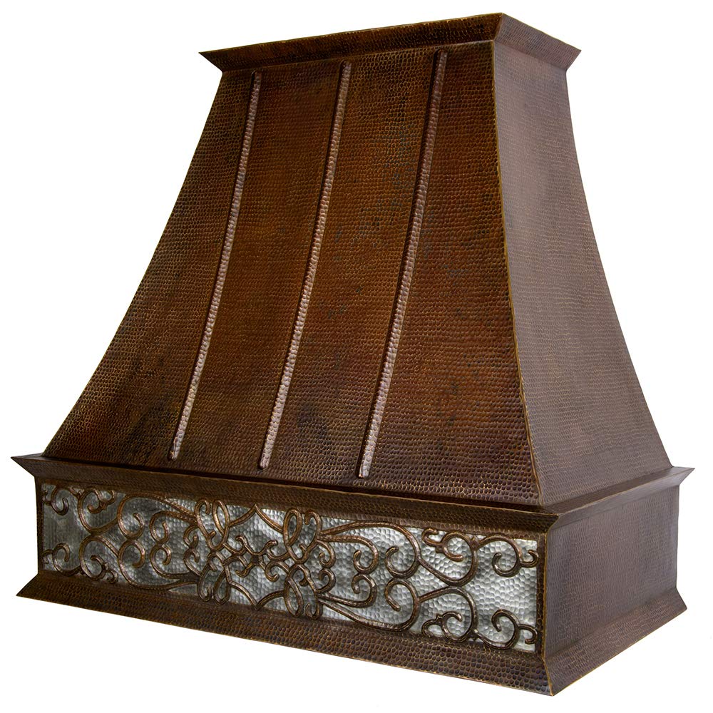 Premier Copper ProductsHV-EURO38S-NB-C2036BP1-TW 38-Inch 1250 CFM Hand Hammered Copper Wall Mounted Euro Range Hood with Nickel Background Scroll Design and Screen Filters