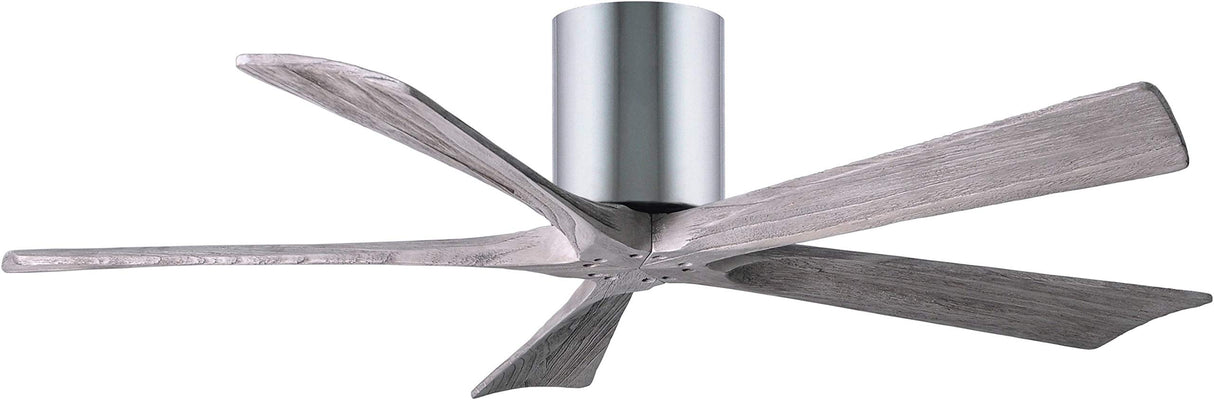 Matthews Fan IR5H-CR-BW-52 Irene-5H five-blade flush mount paddle fan in Polished Chrome finish with 52” solid barn wood tone blades. 