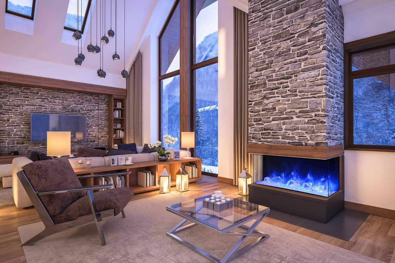Amantii 60-TRV-SLIM Trv View Slim Smart Electric - 60" Indoor / Outdoor WiFi Enabled 3 Sided Fireplace Featuring a depth of 10 5/8", MultiFunction Remote Control, Multi Speed Flame Motor, and a 10 piece Birch Log Set