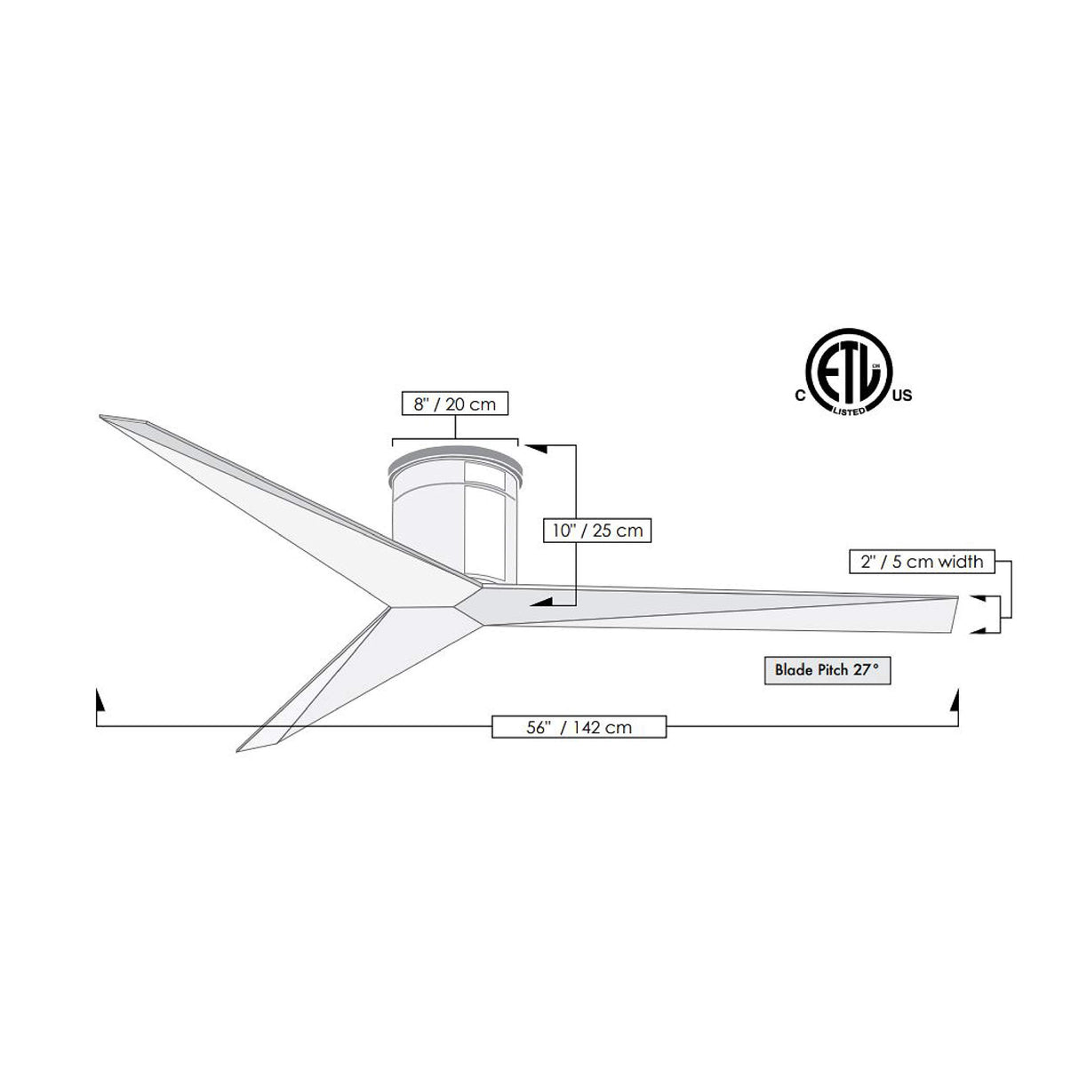 Matthews Fan EKH-BN-BK Eliza-H 3-blade ceiling mount paddle fan in Brushed Nickel finish with matte black ABS blades.